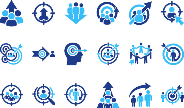 Collection of blue and cyan icons symbolizing target audience selection team growth and strategy on white background.
