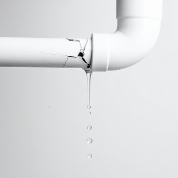 Water droplets dripping from cracked white PVC pipe, blurred white backdrop, plumbing maintenance and repair concept. Close-up.