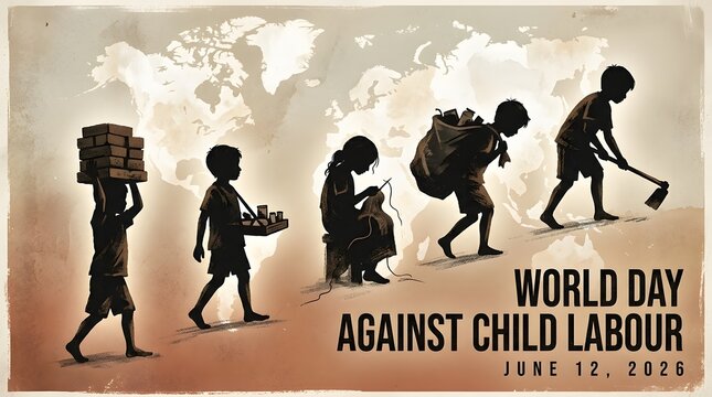 Silhouettes Of Children Performing Labor Against A World Map Background Illustration child workers youth employment