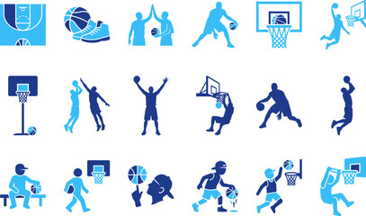 Basketball players, court, hoop, ball, shoes, dribbling, jumping, shooting, slam dunk, game, sport, recreation, athletic, activity, competition, active, icon set. © Creative BD