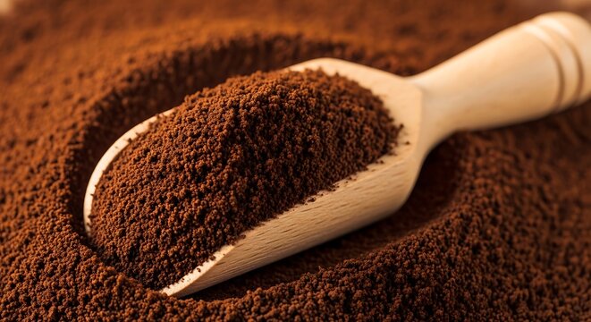 Close up of fresh roasted ground coffee in a wooden scoop measuring spoon macro