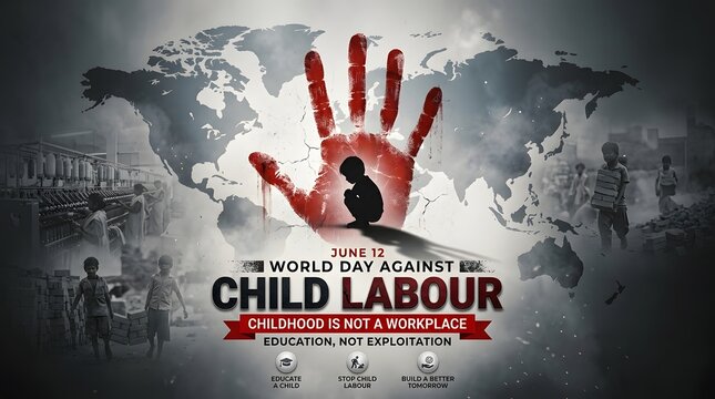 World map with hand silhouette and figures advocacy poster design in grayscale tones child labor