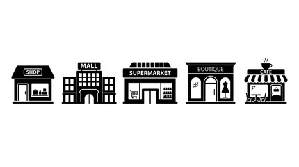 Fototapeta premium Shop, mall, supermarket, boutique, cafe building icons representing various retail and commercial establishments in a modern flat vector style.