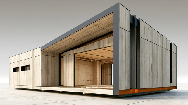 Building a modern modular prefabricated house, featuring elegant wooden paneling and a sleek minimalist design, representing sustainable architecture and future housing solutions