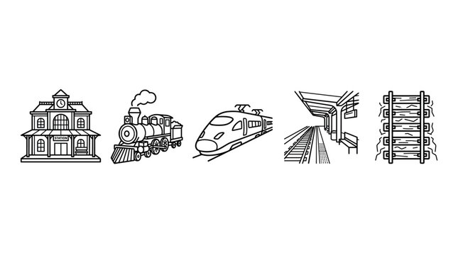 Train railway transportation symbols collection featuring station building, classic locomotive, modern high-speed train, platform, and railroad tracks.