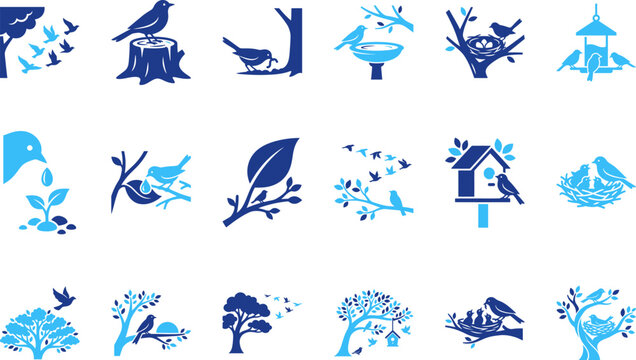 Collection of blue bird icons birds on branches nests birdhouse trees and plants simple vector illustrations.