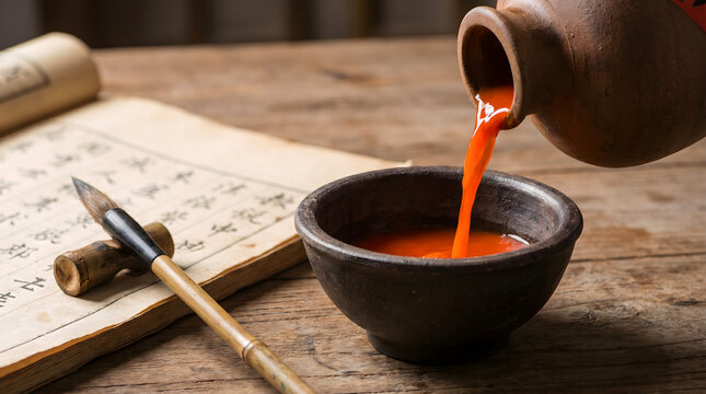 A clay jar pouring red liquid into a ceramic bowl with a brush and ancient book on wooden table
