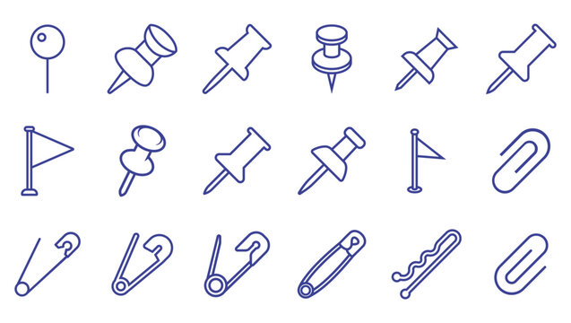 Office Stationery and Fastener Icons Collection with Push Pins Paper Clips Safety Pins and Flags Outline Vector Set for Workplace Organization