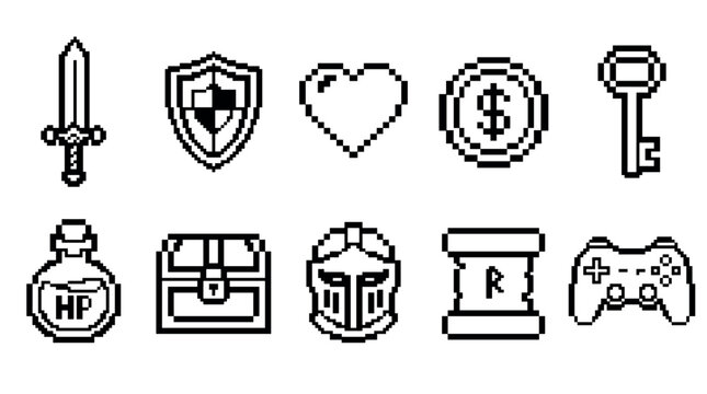 Pixel art game items collection featuring sword, shield, heart, coin, key, potion, chest, helmet, scroll, and controller for retro gaming design.