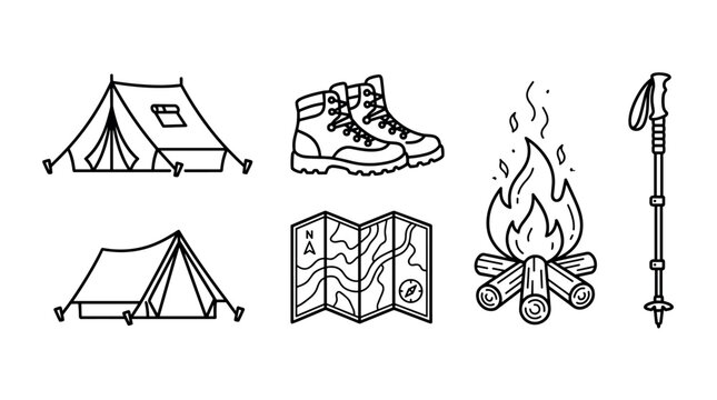 Camping tents, hiking boots, map, campfire, and trekking pole icons illustrate essential equipment for outdoor adventure and wilderness exploration.