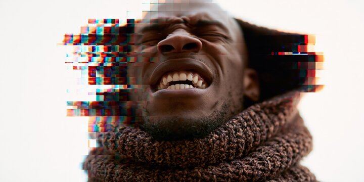 Man grimacing with digital glitch effect on plain background