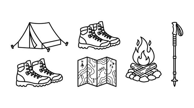 Camping and hiking gear icons are neatly arranged, depicting essential equipment for outdoor adventures and wilderness exploration.