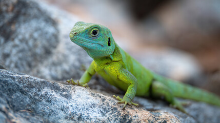 Fototapeta premium Small green lizard sitting on a rock and staring at the camera ,cows, cutie puppy, kitten, sheep, parrot, lizard, photo style