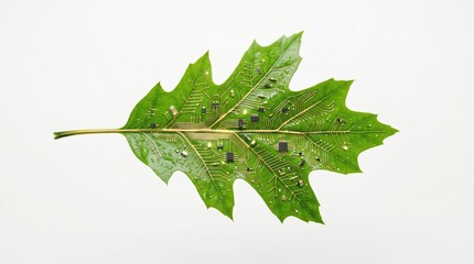 Fototapeta na wymiar Green oak leaf with electronic microchips isolated on white background, biotechnology and green tech concept