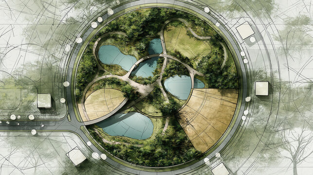 Eco friendly urban park masterplan in circular layout seen from above, with ponds, winding pathways and dense planting illustrating sustainable city planning and public recreation