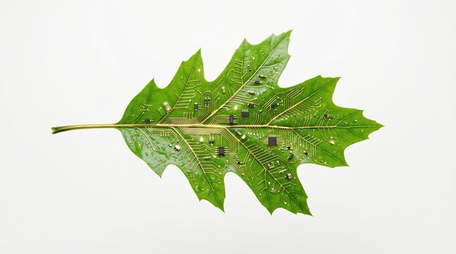 Green oak leaf with electronic microchips isolated on white background, biotechnology and green tech concept
