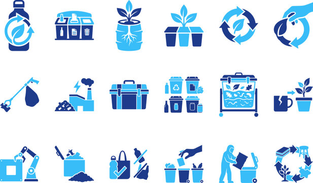 Recycling and waste management concept icons collection eco friendly garbage disposal process.