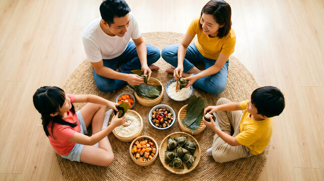 Family sitting together wrapping traditional zongzi with ingredients and bamboo leaves