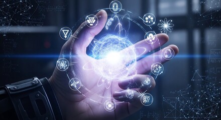 Fototapeta premium Futuristic Human Hand Holding Glowing Atomic Hologram in Dark Technology Interface