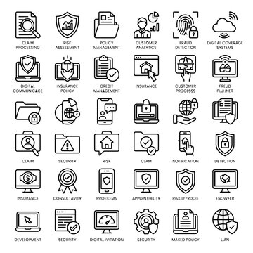 Collection Of Line Icons Representing Insurance Security And Digital Processes
