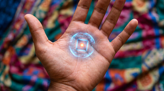 Close-up of a human hand holding a glowing microchip with holographic projection effect