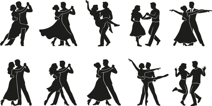 Set of black silhouettes featuring couples performing various dance moves, including ballroom, tango, and classic dancing poses