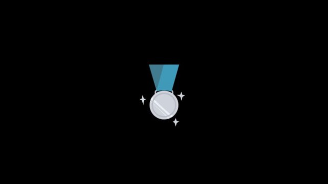 Animated silver medal icon set with blue ribbons and sparkles on black background. Looping static motion graphics clip. Ideal for award ceremonies and achievement presentations.