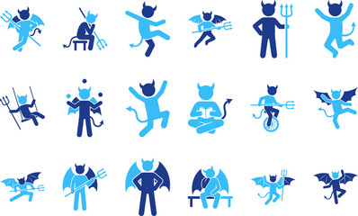 Playful imp or fiend character icons in various poses for fantasy themes and design elements. © Creative BD