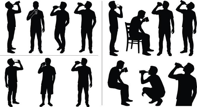 Set of black silhouettes featuring men standing and drinking beverages from bottles in various relaxed poses