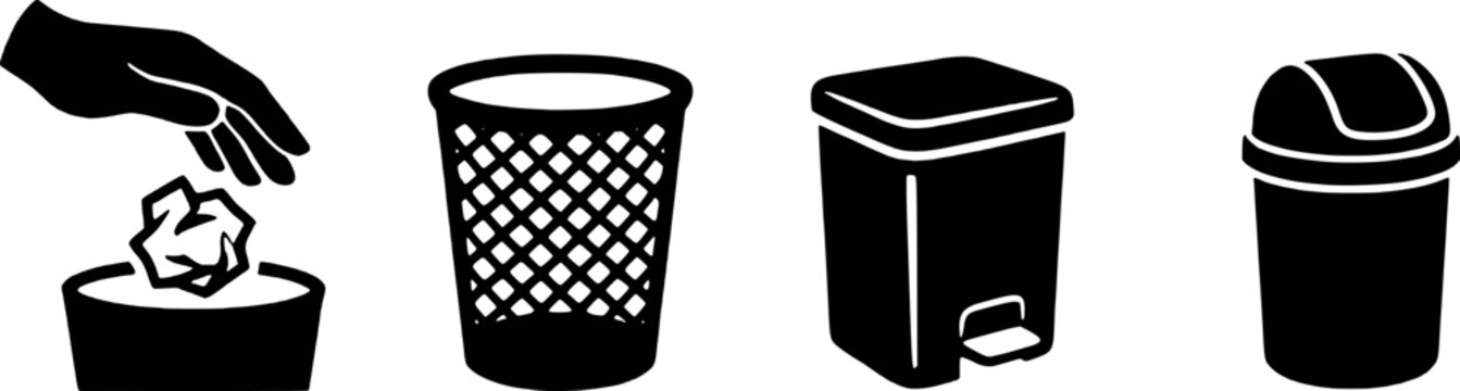 Four different black and white trash can icons including a hand throwing away garbage, a mesh waste basket, a step-on bin, and a covered container on a white background, symbolizing waste management.
