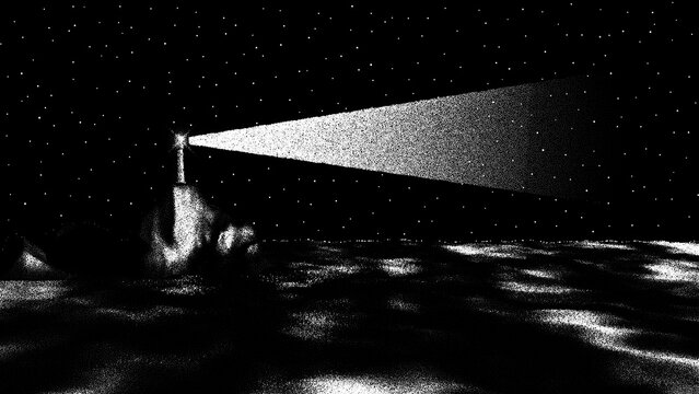 Lighthouse beam cutting through a starry night sky over rocky shore in stipple dot art