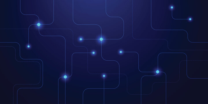 Abstract blue technology background with glowing nodes and curved digital connection lines, futuristic network pattern, data communication and innovation concept