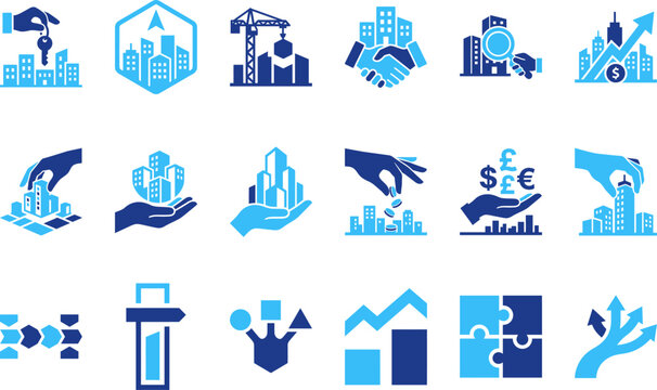 Real estate and finance icons for property investment, buying, selling and financial growth.