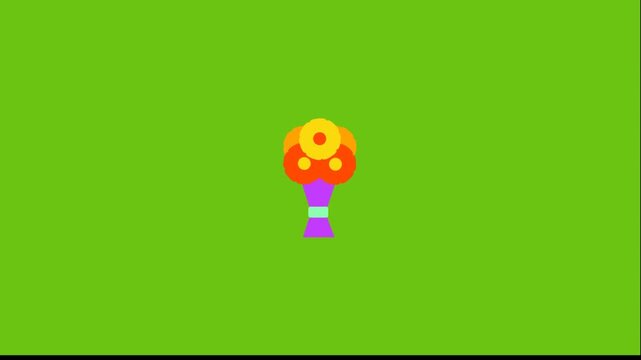 Animation of colorful cartoon mushroom icons on green background. Four identical purple mushrooms with orange yellow and red caps.