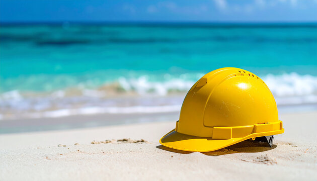 Yellow construction hard hat resting on tropical sandy beach with turquoise ocean water. Contrast of work and relaxation. Close-up.