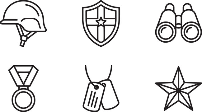 Streamlined vector outline icons showcasing key elements of military life and national service, encompassing protective equipment, recognition, and observational tools for various designs.