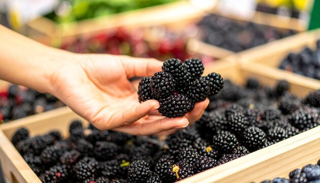 A hand is holding a bunch of fresh blackberries over a wooden crate full of more blackberries. The image captures a close-up view of the luscious fruit, showcasing its texture and deep color.