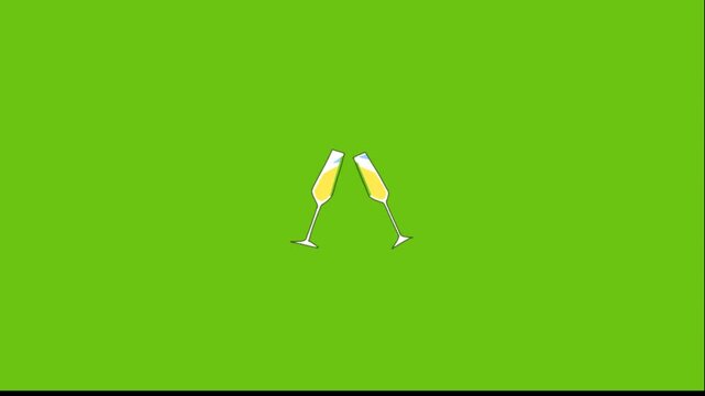 Animated champagne glasses clinking. Flat vector illustration of two glasses toasting. Green screen background for video projects. Seamless loop for celebrations and parties.