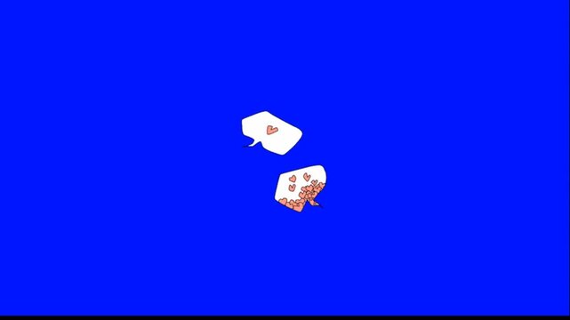 Animated hearts pouring out of speech bubbles on blue background. Colorful flat design animation with white chat bubbles and red hearts for social media love or communication concepts.