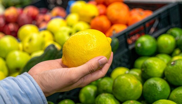 A hand holds a fresh, ripe lemon in front of a colorful display of assorted fruits, including apples, limes, and oranges. The scene suggests a vibrant market or grocery store setting