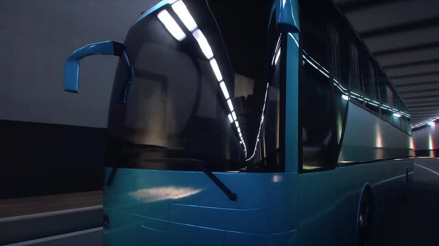 3d model Blue Tourist Coach Bus Driving Through Modern Tunnel. Realistic 4k animation.