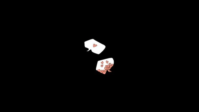 Animated heart speech bubbles floating upwards. Colorful vector graphics with white and pink hearts on black background. Seamless motion graphics for love and communication concepts.