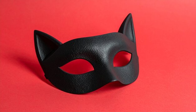 Black Leather Cat Mask on a Vibrant Red Background