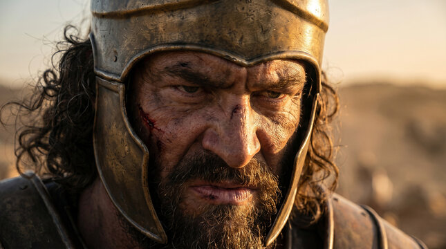 Goliath the Philistine giant stepping out to fight young David, extreme close-up of massive bearded face looking down with contempt and disgust, helmet shadowing his eyes.