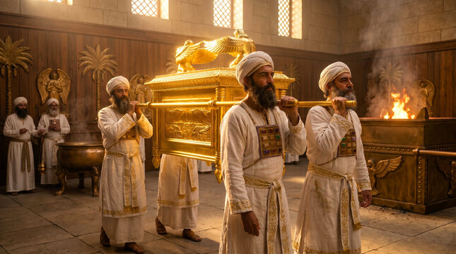 Priests bringing the Ark of the Covenant into the Jerusalem Temple, medium shot of priests carrying golden Ark walking through the inner court, massive altar of burnt offering.