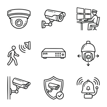 Security camera icons and surveillance system elements.