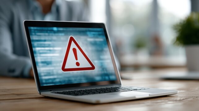 A laptop screen displays a cybersecurity warning interface with blue tones, an adult sits blurred