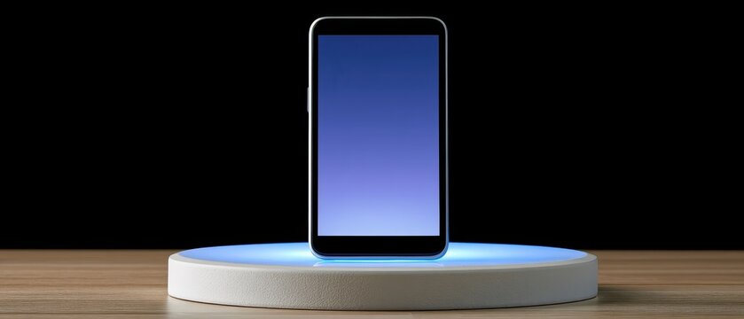 Glowing phone rests in darkness on a wooden table, blue background, digital dependency, future uncertainty, technological progress