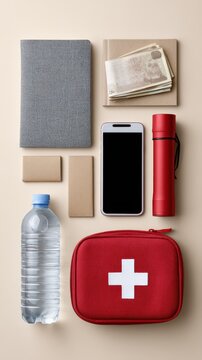 Passport, cash, phone, flashlight, first aid kit, water bottle, and a storage box are neatly arranged on a neutral beige background