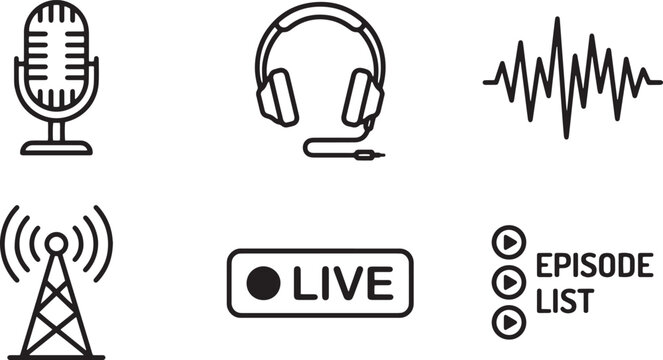Vector line icons for broadcast, podcast, and audio production, featuring microphone, headphones, sound wave, radio tower, live indicator, and episode list symbols.
